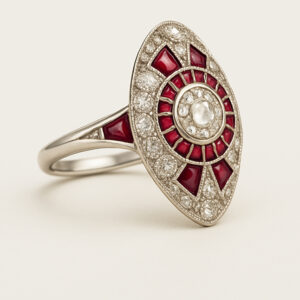 Anillo ART Déco Lanzadera con Ojo de Perdiz de Rubies
